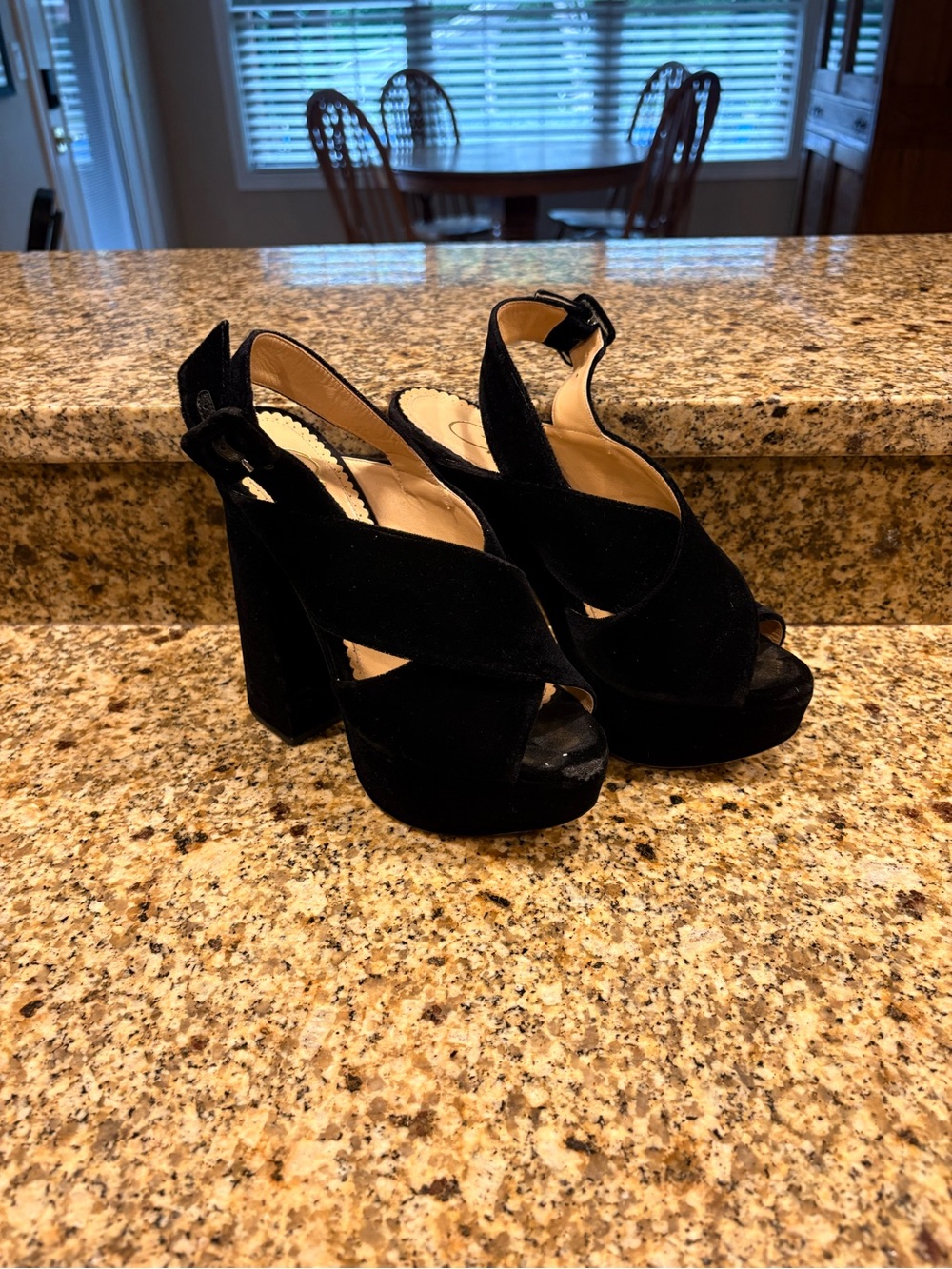 Charlotte Olympia Black Velvet Platform Sandals High 5” Heel EU 37 US 7 Toe Wear
